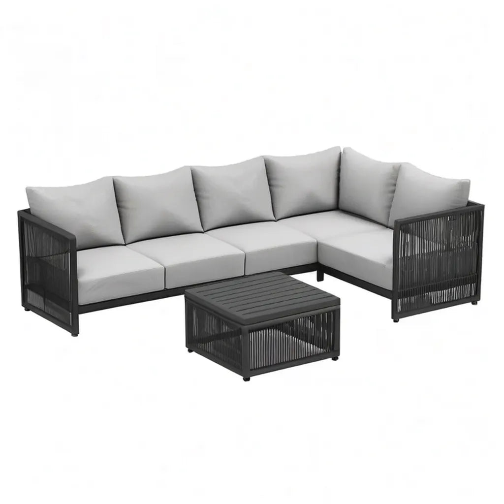 Sofa ogrodowa, 4- osobowy salon ogrodowy z zestawem do kawy 260 x 200 x 70 cm stal PE lina warkocz szary czarny