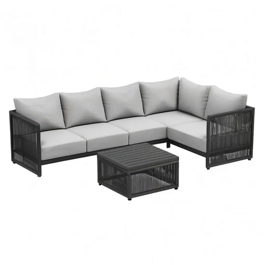 Sofa ogrodowa, 4- osobowy salon ogrodowy z zestawem do kawy 260 x 200 x 70 cm stal PE lina warkocz szary czarny