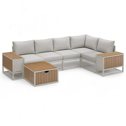 Sofa ogrodowa, Zestaw do barierki ogrodowej 5- część z narożną sofą i stolikiem do kawy aluminiowa akacja drewno światło szary 245 x 175 x 68 cm