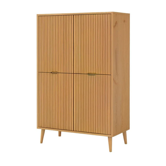 Kredens, 4 drzwi wysoki bufet 100 x 45 x 180 cm w MDF Oplamiony dębem naturalnym prostokątny