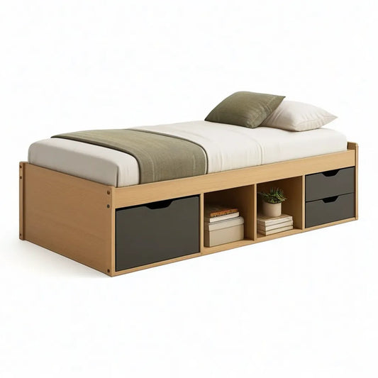 Łóżko pojedyncze z pojemnikiem na materac 90 x 190 cm w MDF efekt naturalnego dębu i antracytu