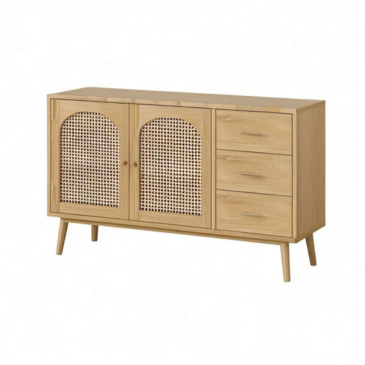 Kredens, Prostokątny bufet 2 drzwi 3 szuflady w panelach MDF z dębem i rattanem naturalnym 120 x 40 x 80 cm naturalny dąb