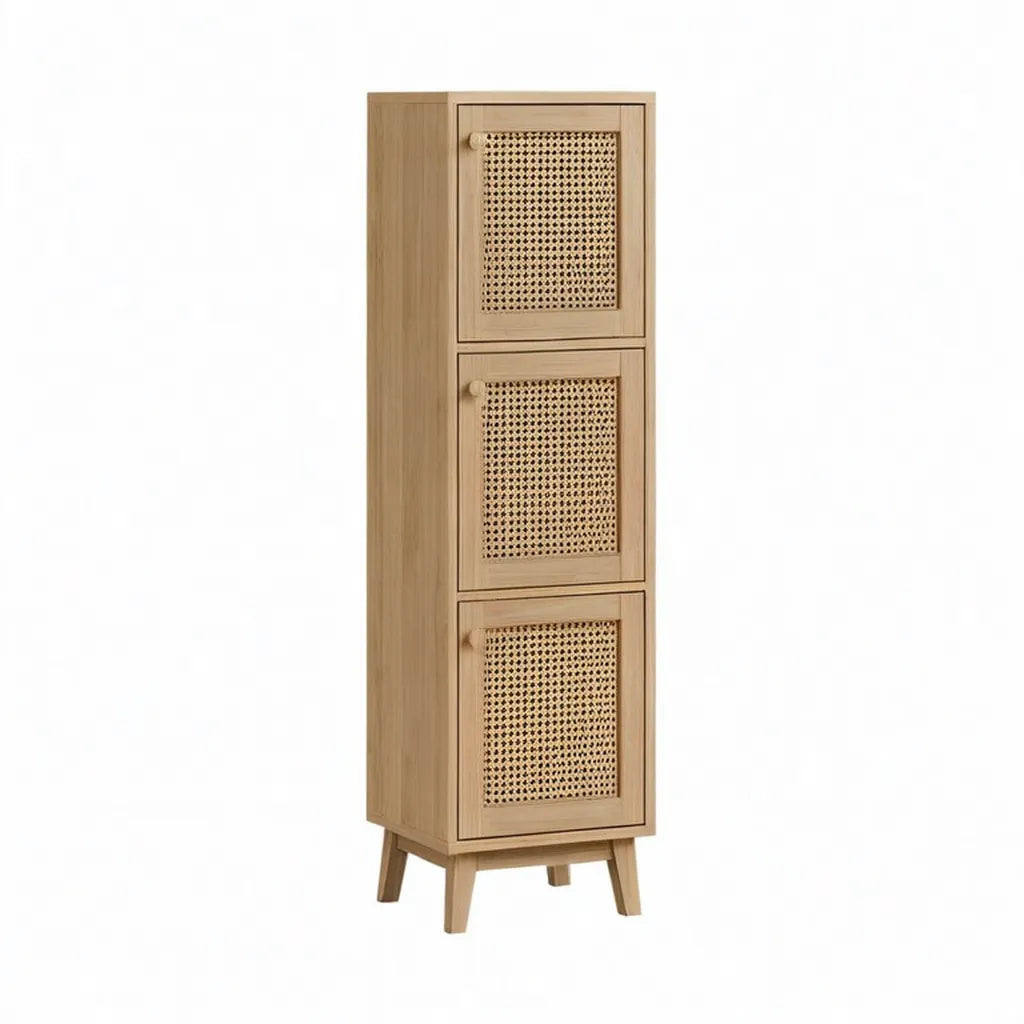 Kredens, 3 drzwi wysoki bufet w dąbie stałym i naturalny prostokątny rattan naturalny dąb 60 x 40 x 180 cm
