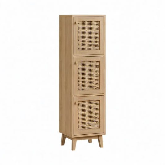 Kredens, 3 drzwi wysoki bufet w dąbie stałym i naturalny prostokątny rattan naturalny dąb 60 x 40 x 180 cm