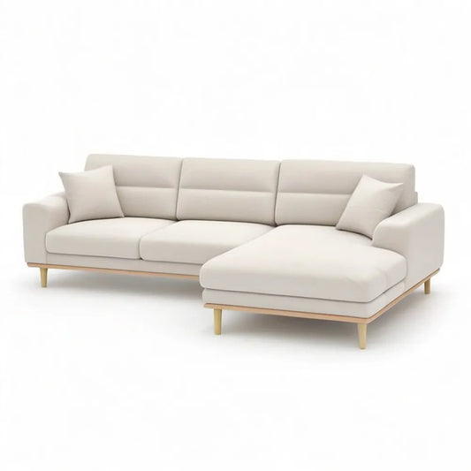 Sofa, Beżowa kanapa narożna w tkaninie z prostym szezlongiem i lekkim drewnianym nóżkami 280 x 160 x 85 cm