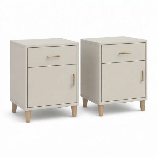 Szafka nocna, Bedside 2 zestaw 45 x 40 x 55 cm beżowy z szufladą, komorą drzwiową i drewnianymi nóżkami