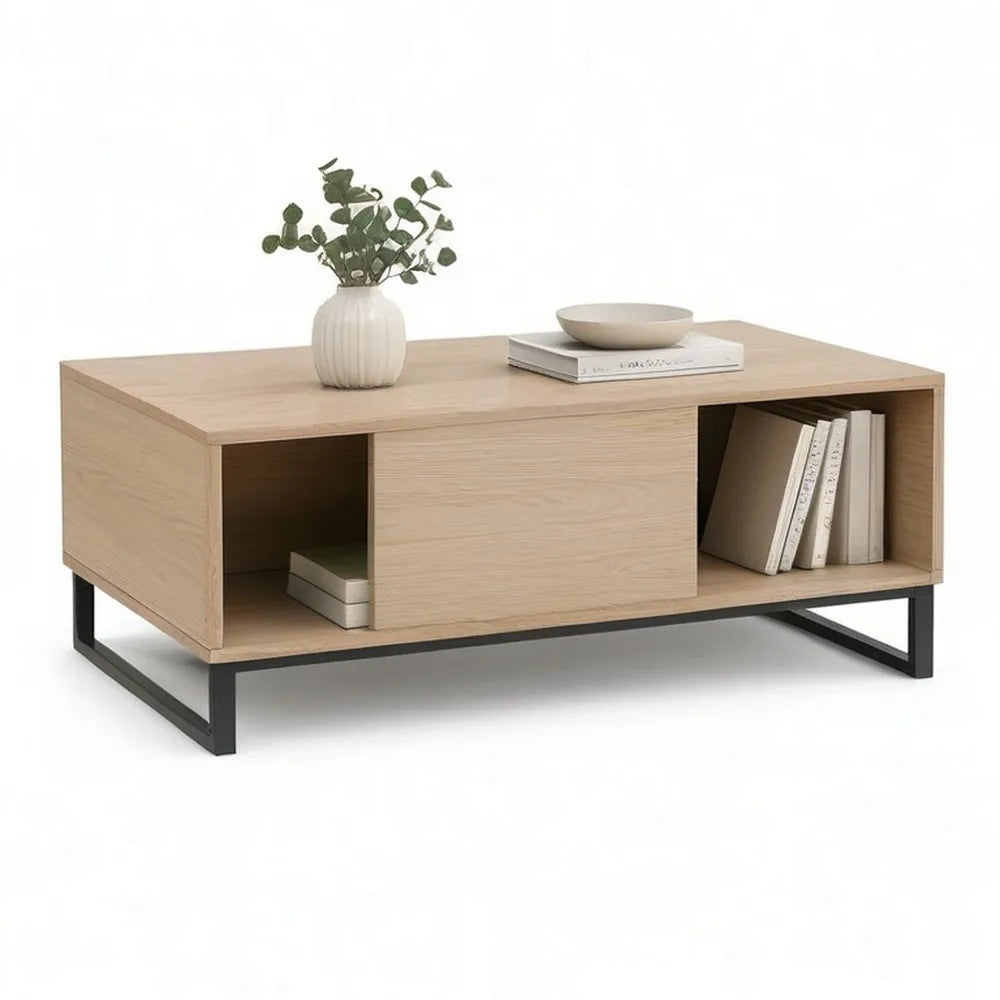Stolik do kawy z przechowalnią Drewna optyka MDF stół top i metalowa ramka Naturalne kolory czarny 120 x 60 x 40 cm